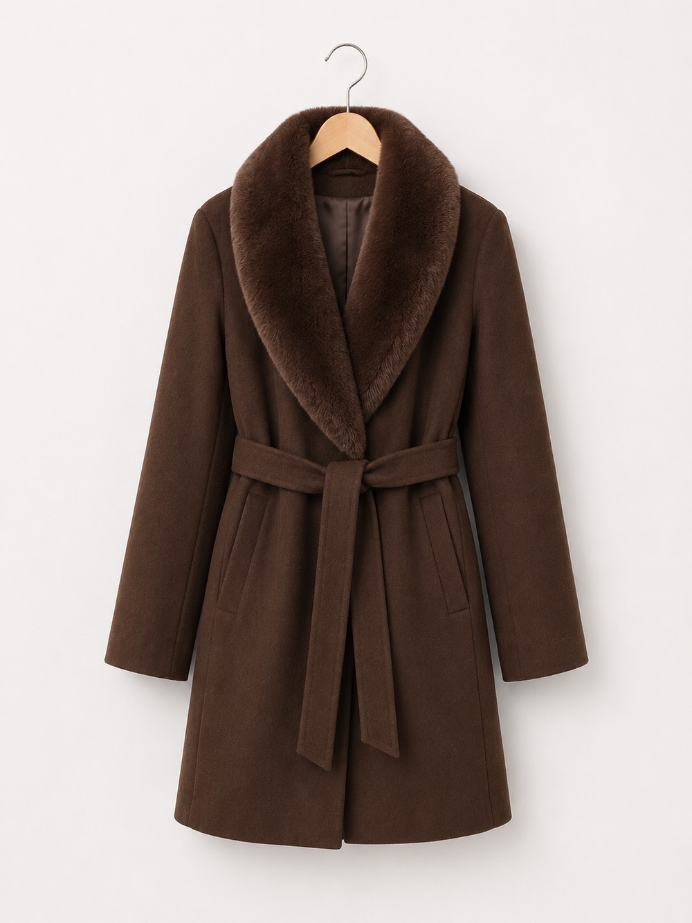 Women's Brown Faux-Fur Trim Belted Coat